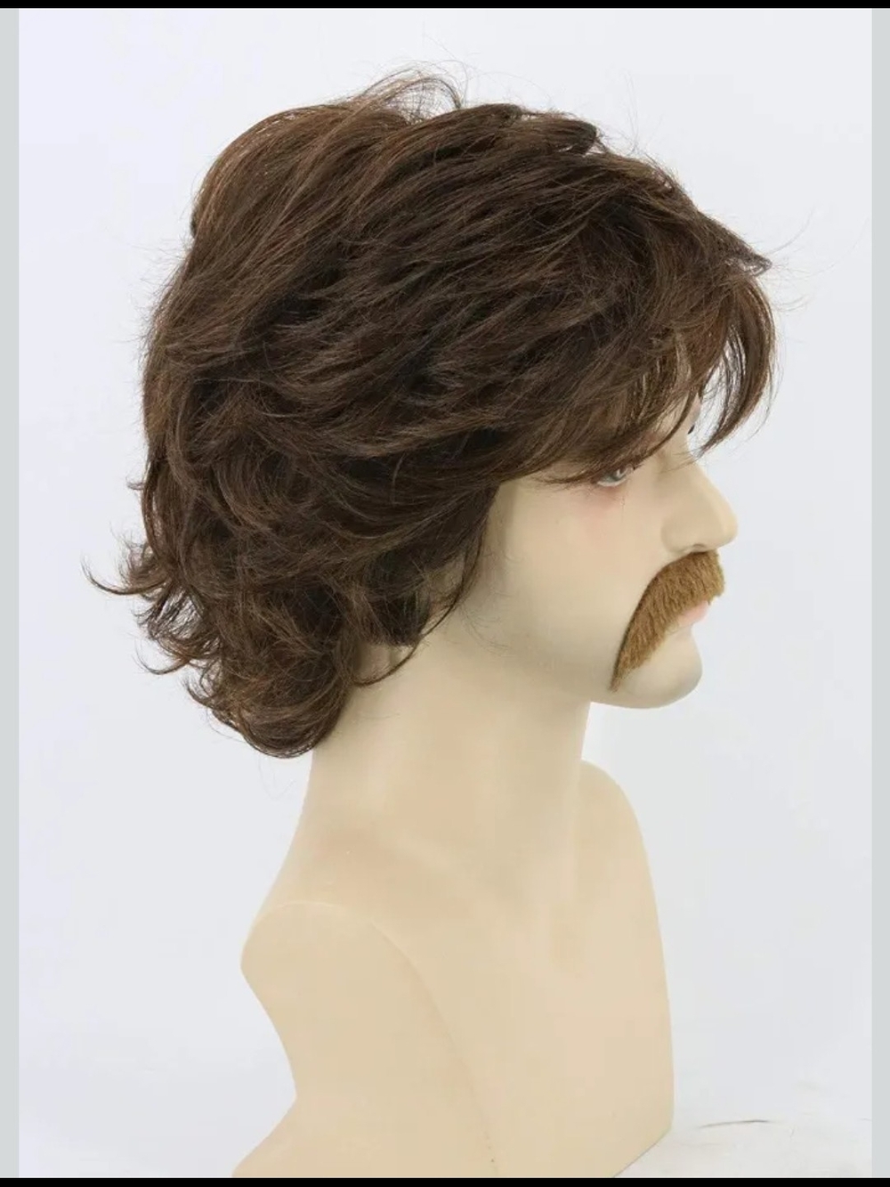 70s Men's Wig Set Rockstar Hippie Wig for Men Shaggy Brown Wig w/ Fake Mustache - Picture 3 of 13